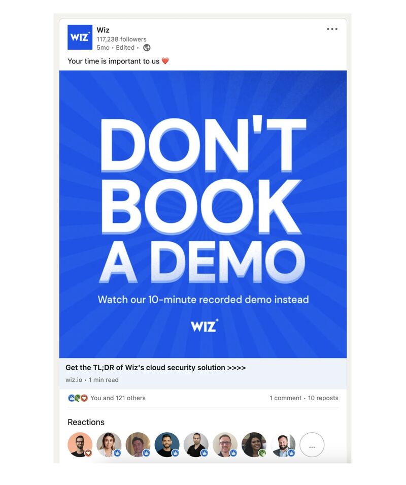 Thumbnail of One of our top-performing ads at Wiz literally says "DON'T BOOK A DEMO" Sounds dumb, but it works. A few things probably happen here: 1. 🥊 if you tell people...