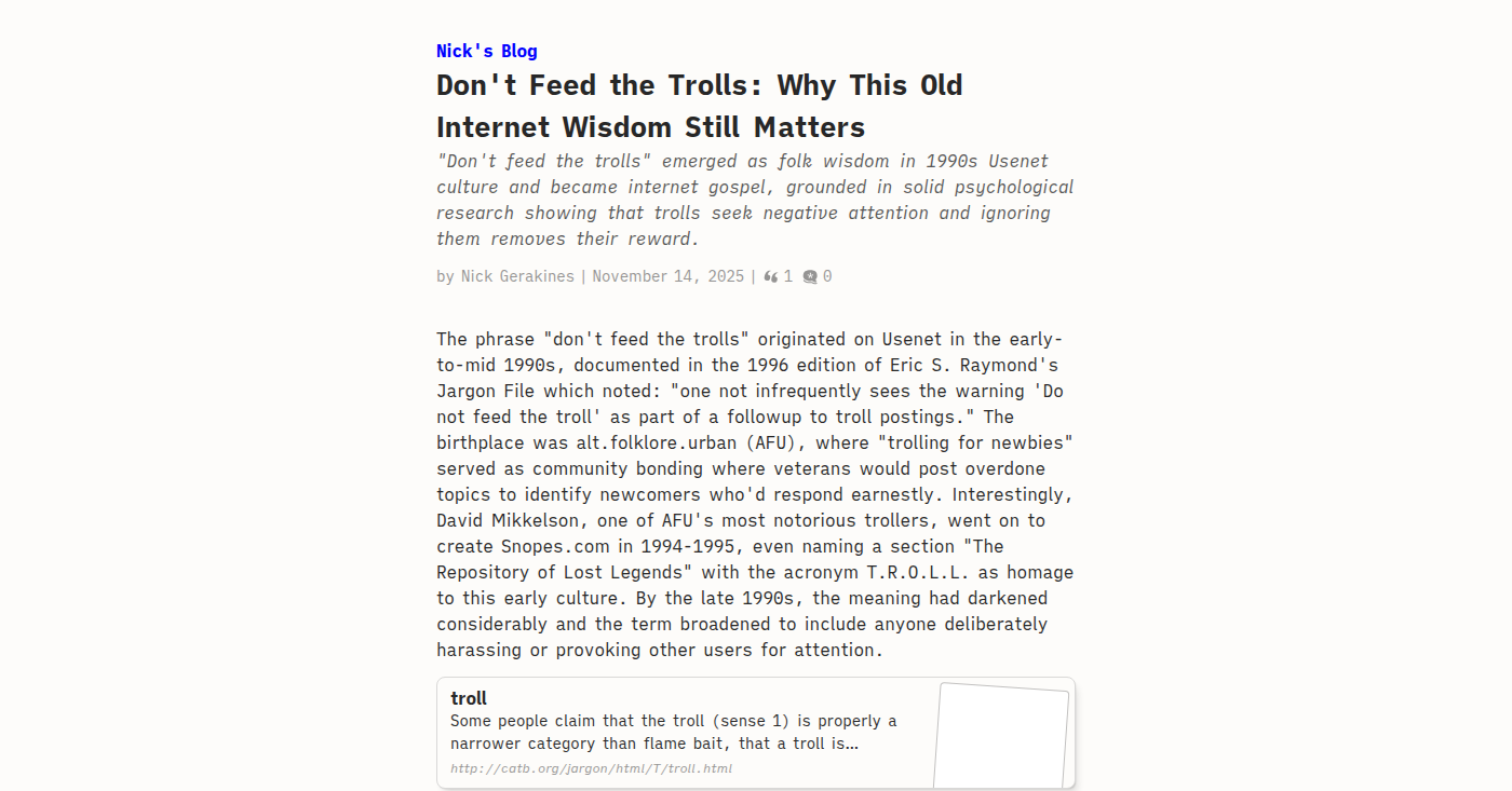 Thumbnail of Don't Feed the Trolls: Why This Old Internet Wisdom Still Matters - Nick's Blog