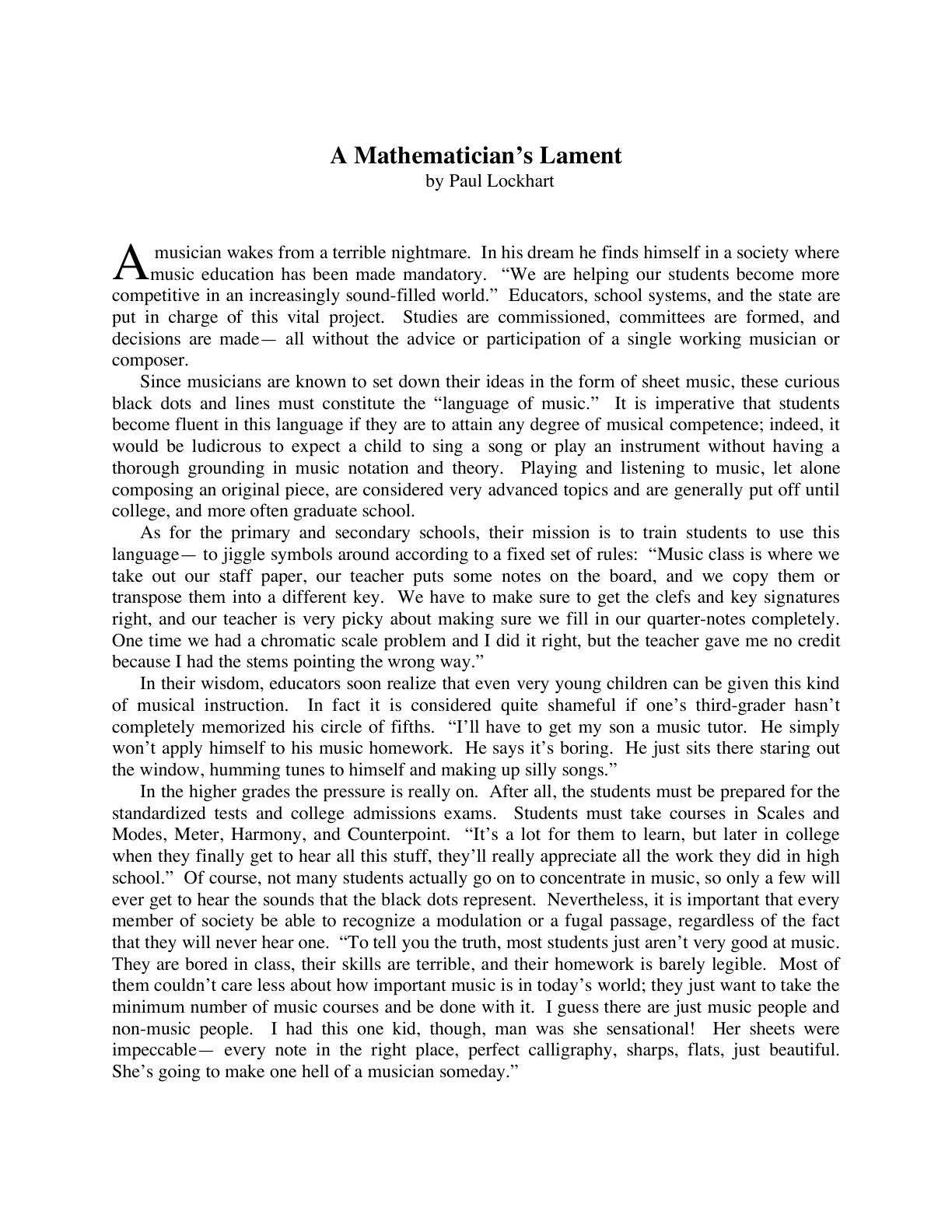 Thumbnail of A Mathematician's Lament
