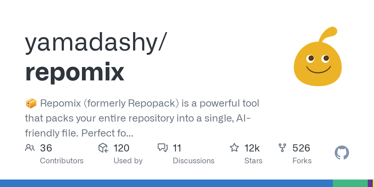 Thumbnail of GitHub - yamadashy/repomix: 📦 Repomix (formerly Repopack) is a powerful tool that packs your entire repository into a single, AI-friendly file. Perfect for when you need to feed your codebase...