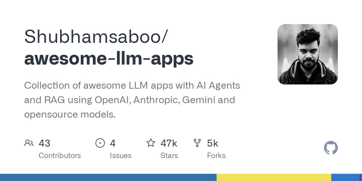 Thumbnail of GitHub - Shubhamsaboo/awesome-llm-apps: Collection of awesome LLM apps with AI Agents and RAG using OpenAI, Anthropic, Gemini and opensource models.