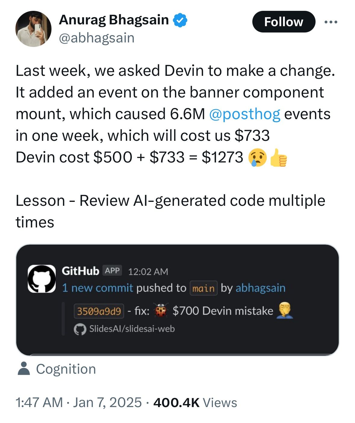 Thumbnail of AI-powered IDEs are making it trivial to add AI-generated code- Accept… | Anant Garg