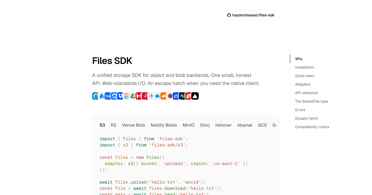 Thumbnail of Files SDK - One API for S3, R2, GCS, Azure & blob storage
