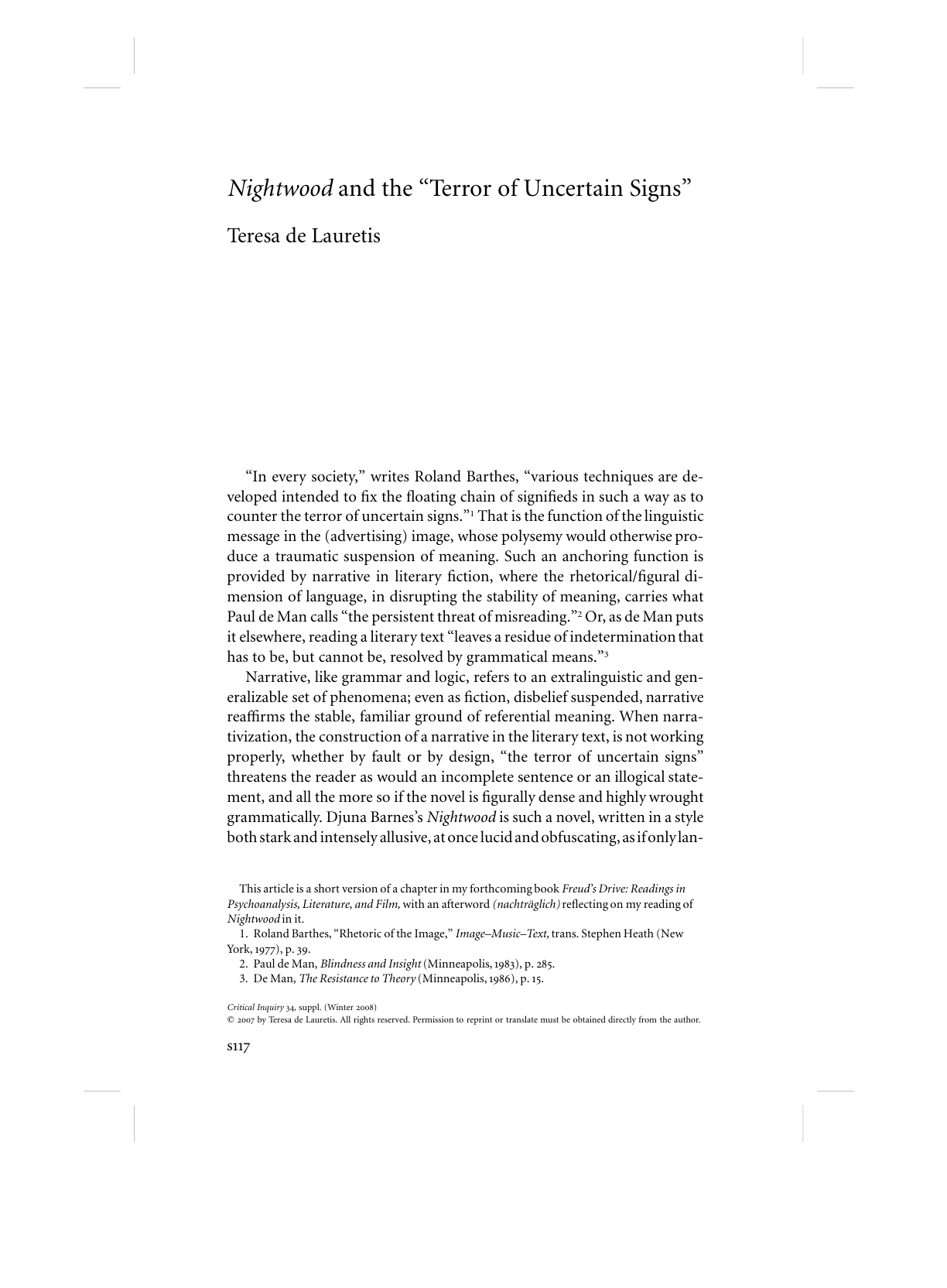 Thumbnail of Nightwood and the "Terror of Uncertain Signs” Laurentis