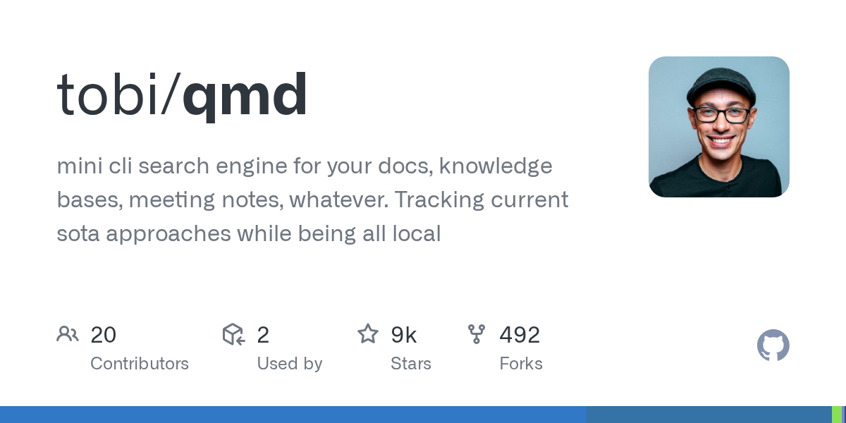 Thumbnail of GitHub - tobi/qmd: mini cli search engine for your docs, knowledge bases, meeting notes, whatever. Tracking current sota approaches while being all local