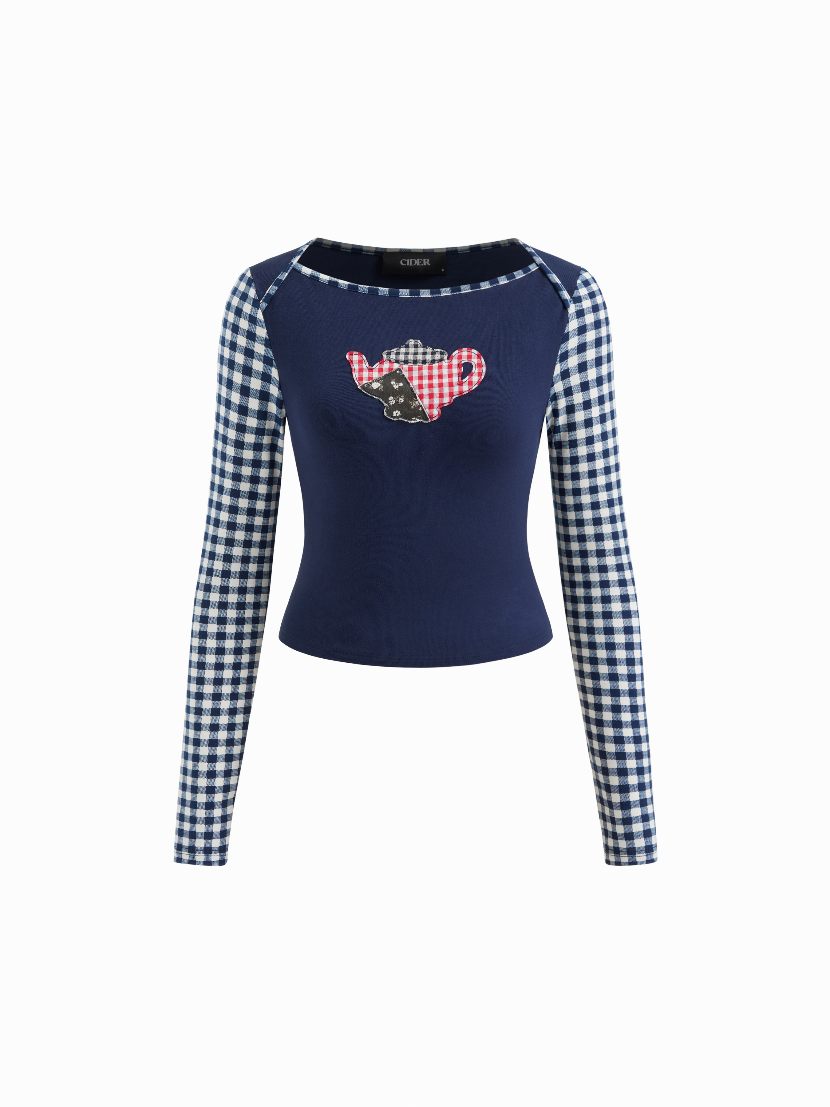 Thumbnail of Jersey Plaid Teapot Applique Boat Neck Long Sleeve Top For Daily Casual