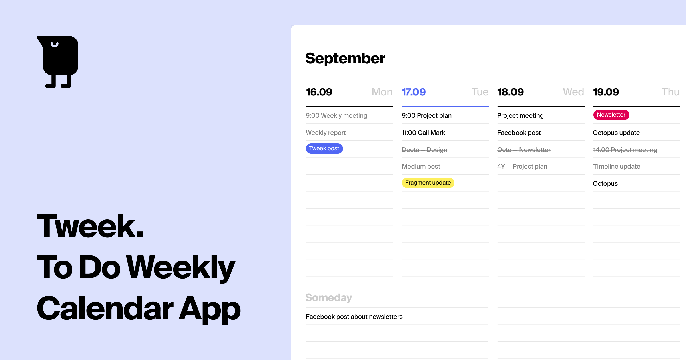 Thumbnail of Tweek Calendar — Minimal To Do list and Weekly Task Planner App