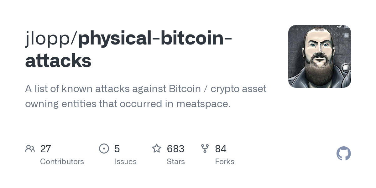 Thumbnail of GitHub - jlopp/physical-bitcoin-attacks: A list of known attacks against Bitcoin / crypto asset owning entities that occurred in meatspace.
