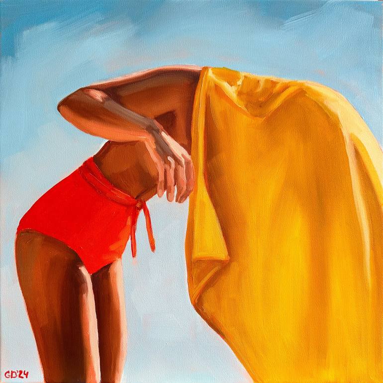 Thumbnail of Girl with Yellow Towel - Woman on Beach Painting