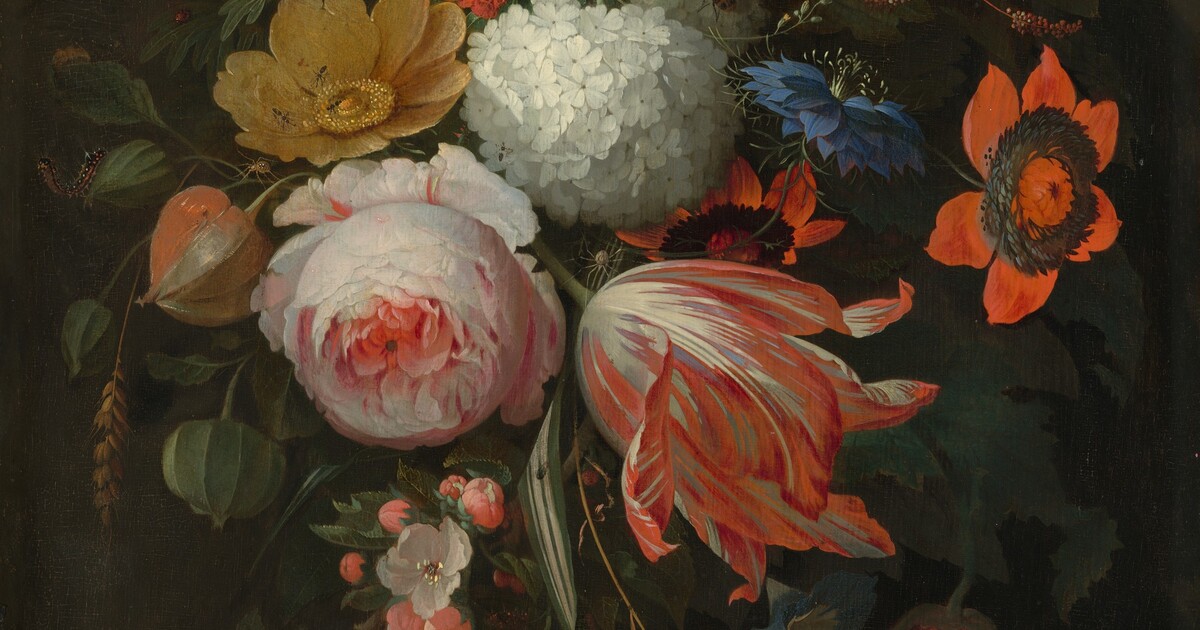 Thumbnail of A Hanging Bouquet of Flowers by Abraham Mignon