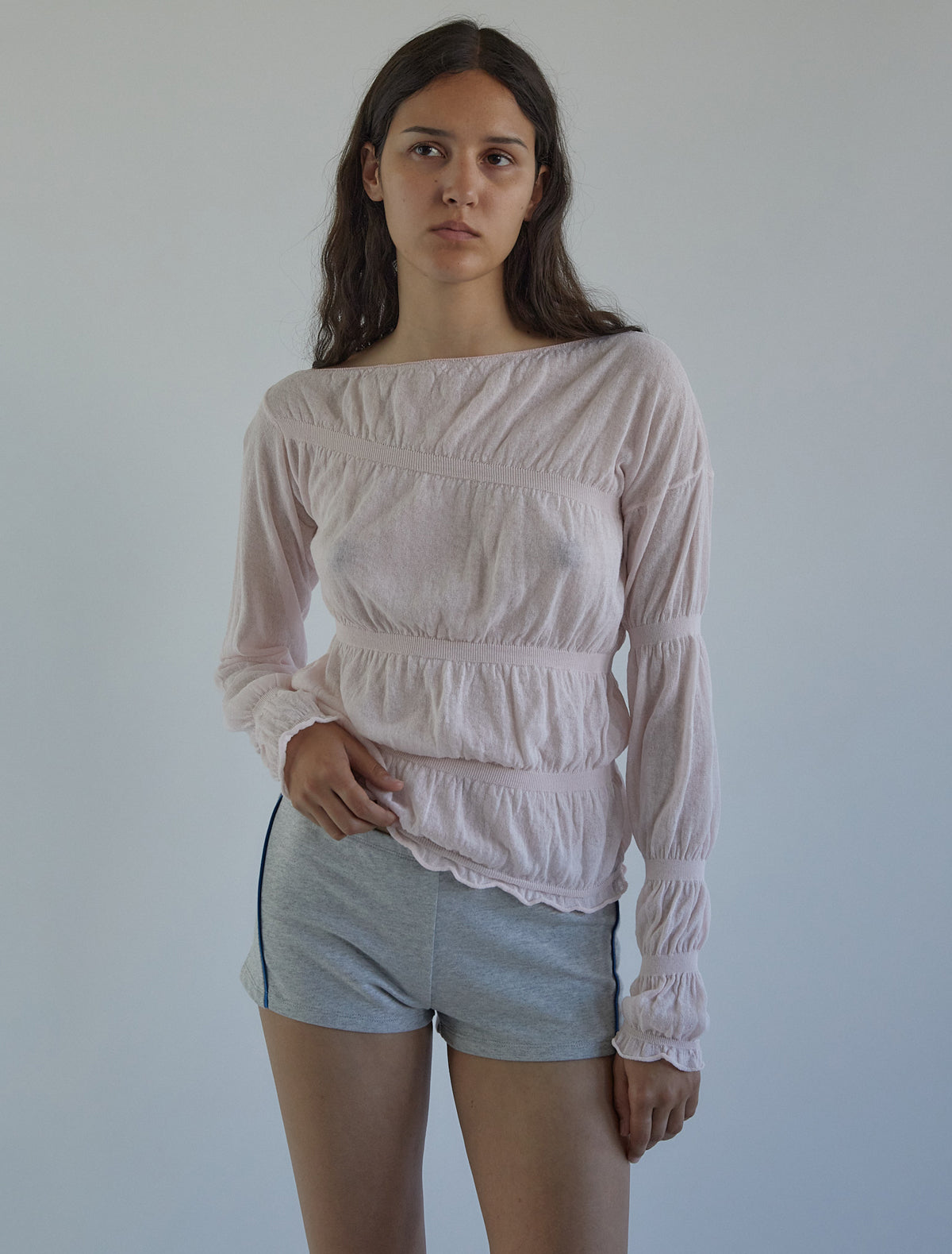 Thumbnail of ALUZ-Pink long-sleeve top with asymmetric straps that create a ruched effect
