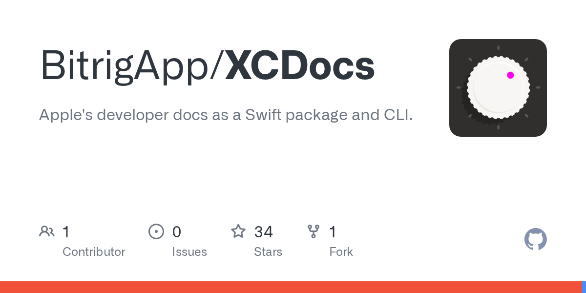 Thumbnail of GitHub - BitrigApp/XCDocs: Apple's developer docs as a Swift package and CLI.