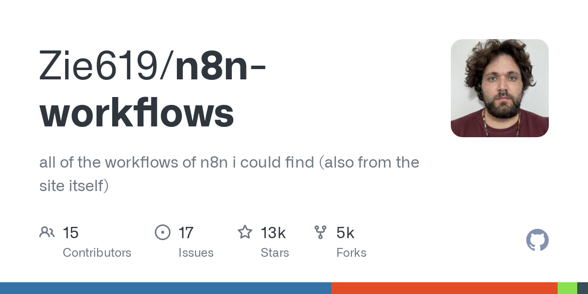 Thumbnail of GitHub - Zie619/n8n-workflows: all of the workflows of n8n i could find (also from the site itself)