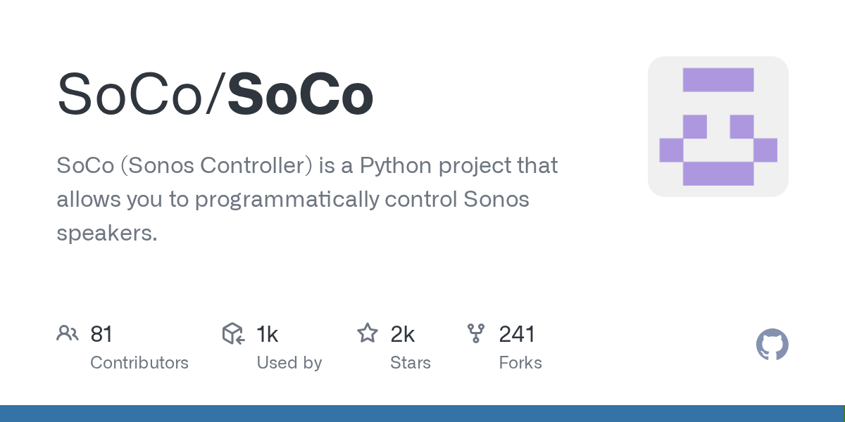 Thumbnail of GitHub - SoCo/SoCo: SoCo (Sonos Controller) is a Python project that allows you to programmatically control Sonos speakers.