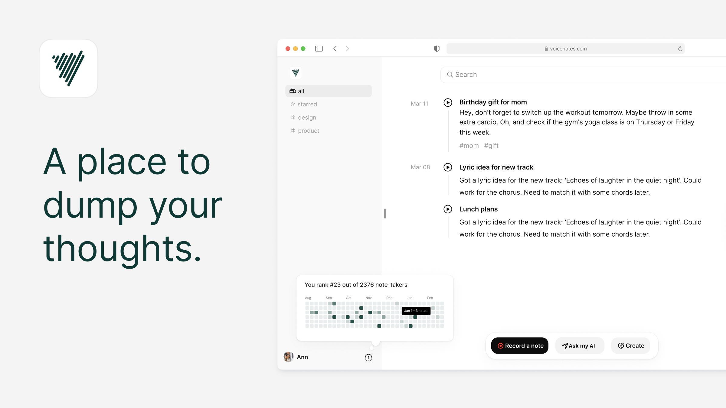Thumbnail of Record voice notes –– ideas, grocery lists, health logs, book highlights, anything.