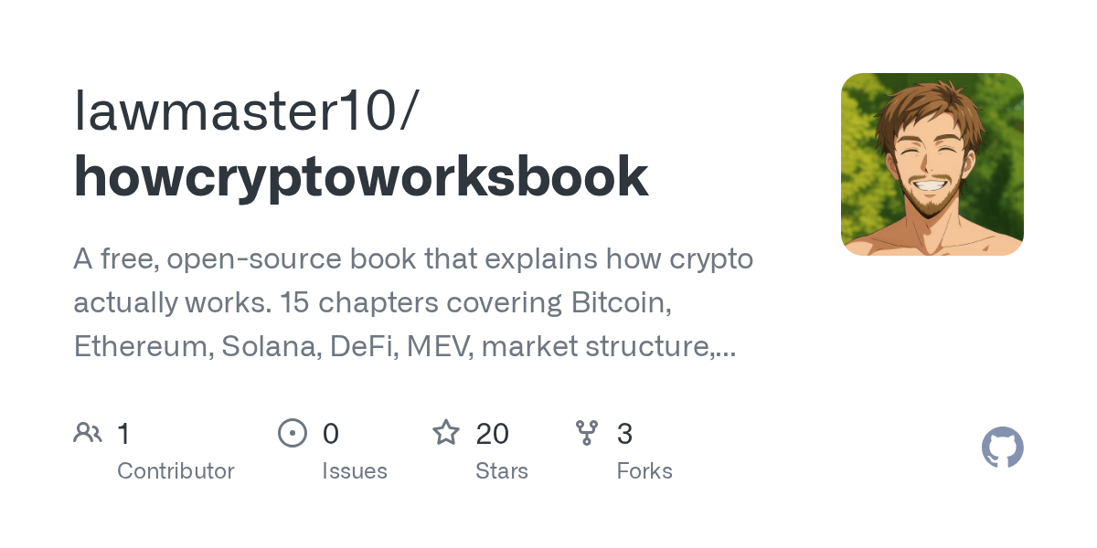 Thumbnail of GitHub - lawmaster10/howcryptoworksbook: A free, open-source book that explains how crypto actually works. 15 chapters covering Bitcoin, Ethereum, Solana, DeFi, MEV, market structure, custody, stablecoins, governance, quantum resistance, and prediction markets.