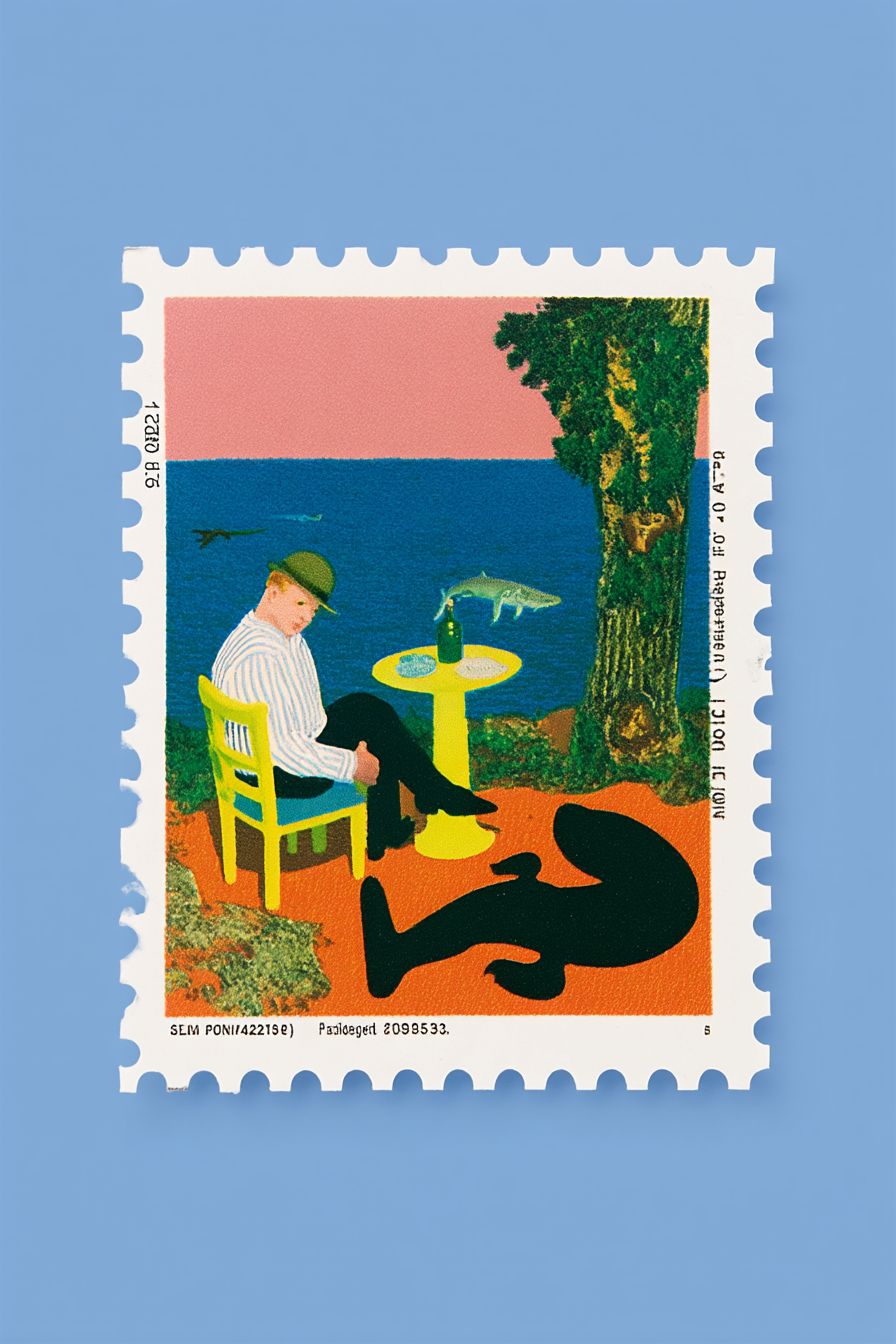 Thumbnail of Midjourney Promptshare: retro stamp of a funny scene, simple background… | Gizem Akdağ