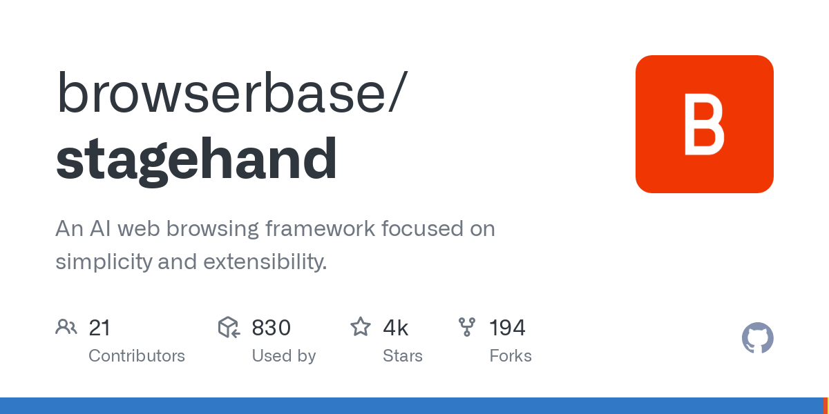 Thumbnail of GitHub - browserbase/stagehand: An AI web browsing framework focused on simplicity and extensibility.