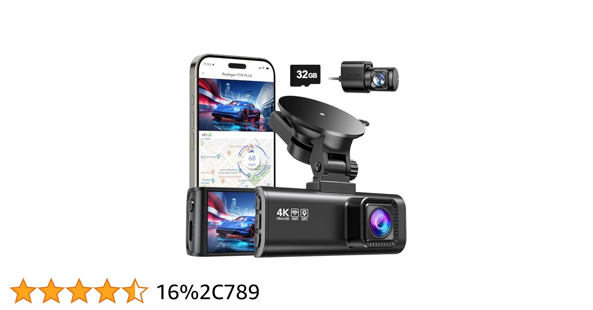 Thumbnail of REDTIGER Dash Cam Front Rear, 4K/2.5K Full HD Dash Camera for Cars, Included 32GB Card, Built-in Wi-Fi GPS, 3.18” IPS Screen, Night Vision, 170°Wide Angle, WDR, 24H Parking Mode(F7NP)