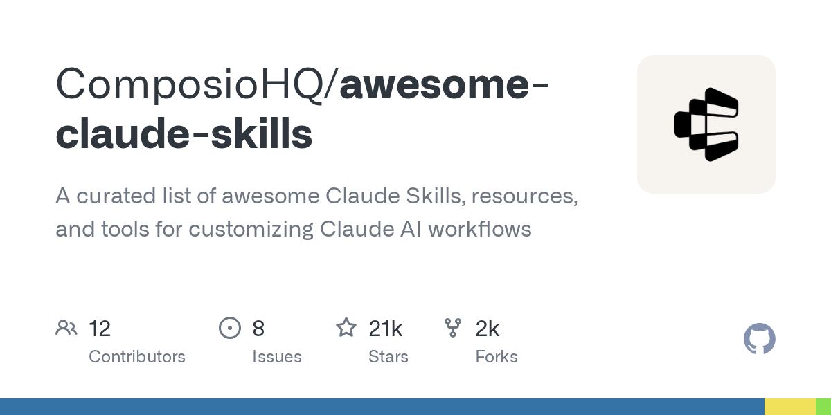 Thumbnail of GitHub - ComposioHQ/awesome-claude-skills: A curated list of awesome Claude Skills, resources, and tools for customizing Claude AI workflows