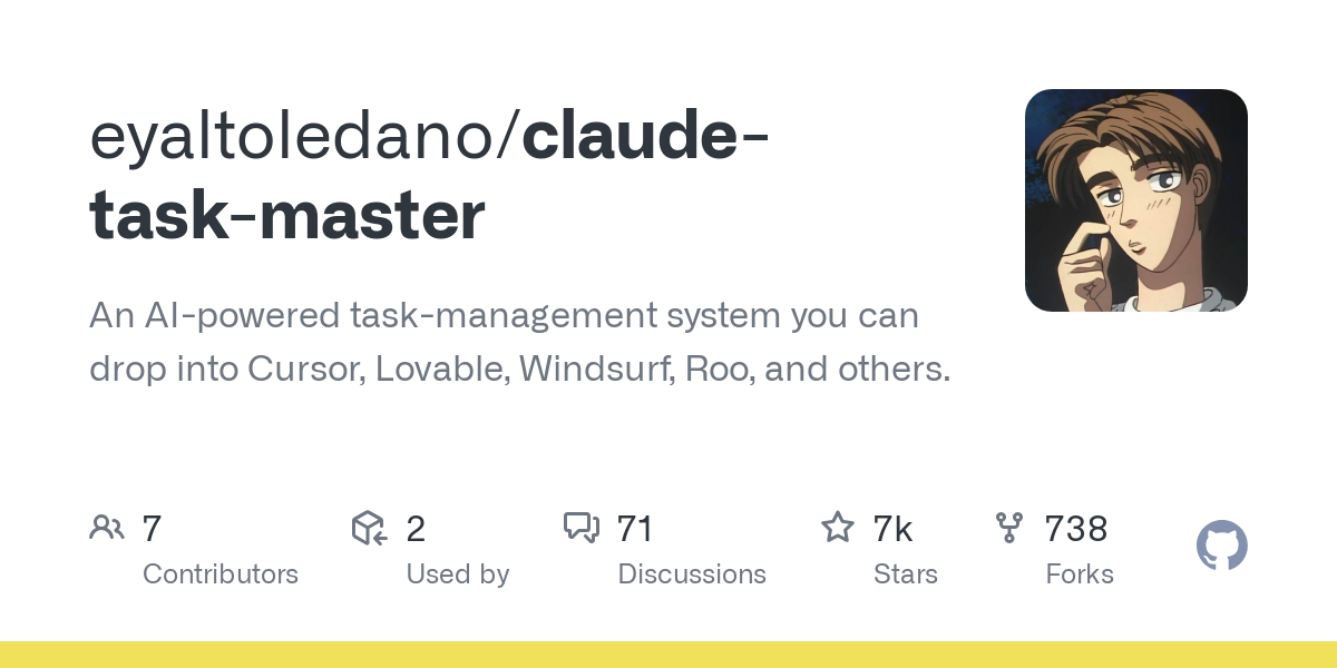 Thumbnail of GitHub - eyaltoledano/claude-task-master: An AI-powered task-management system you can drop into Cursor, Lovable, Windsurf, Roo, and others.