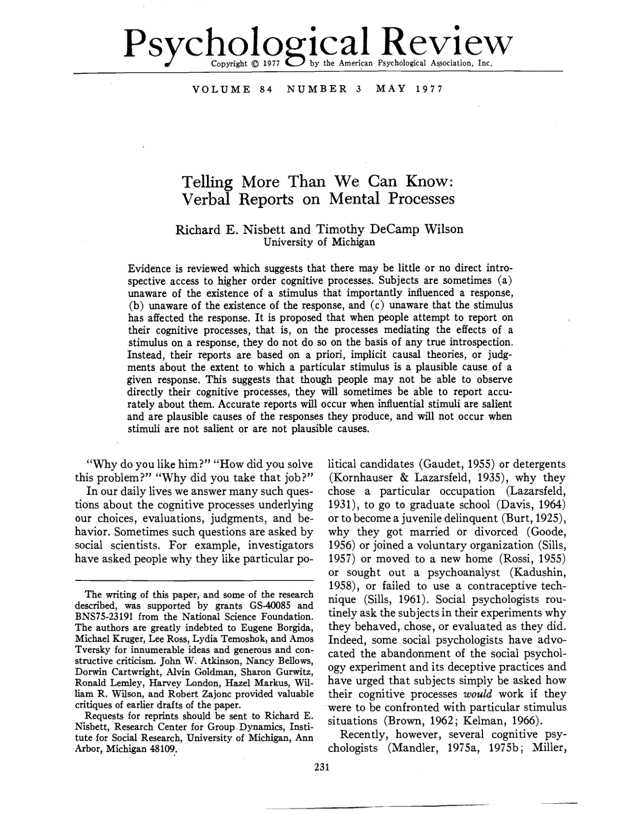 Thumbnail of Telling More Than We Can Know: Verbal Reports on Mental Processes