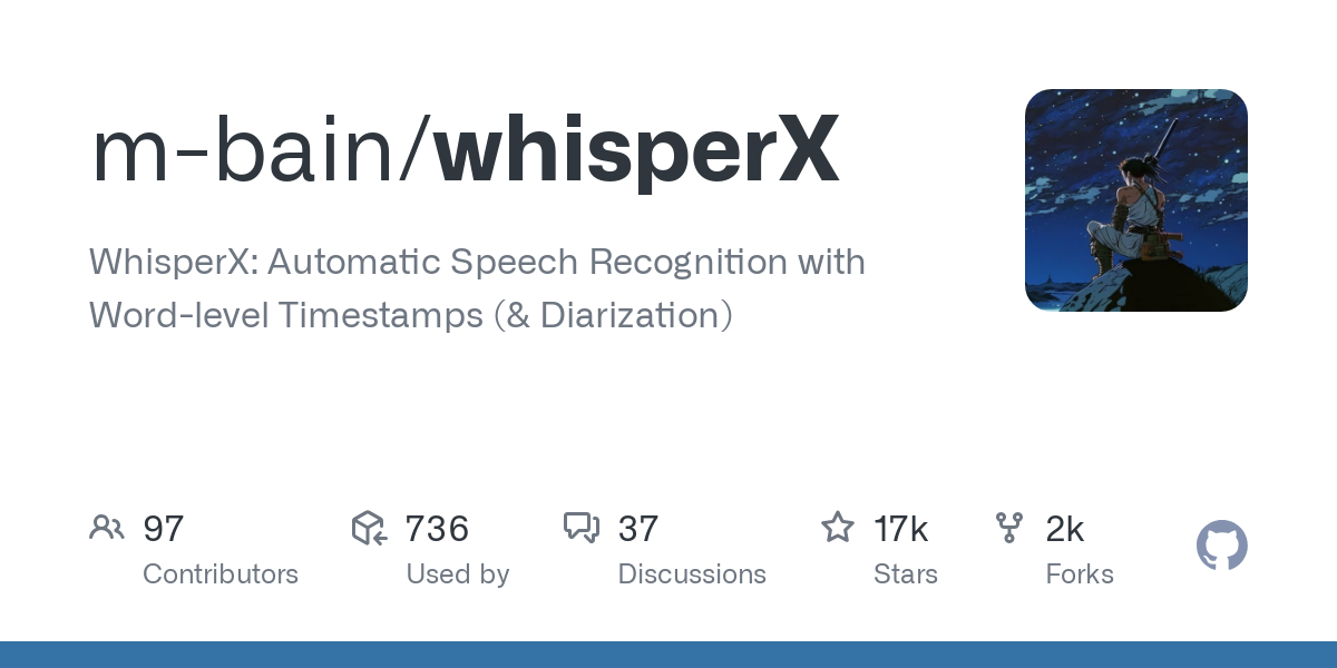 Thumbnail of GitHub - m-bain/whisperX: WhisperX: Automatic Speech Recognition with Word-level Timestamps (& Diarization)