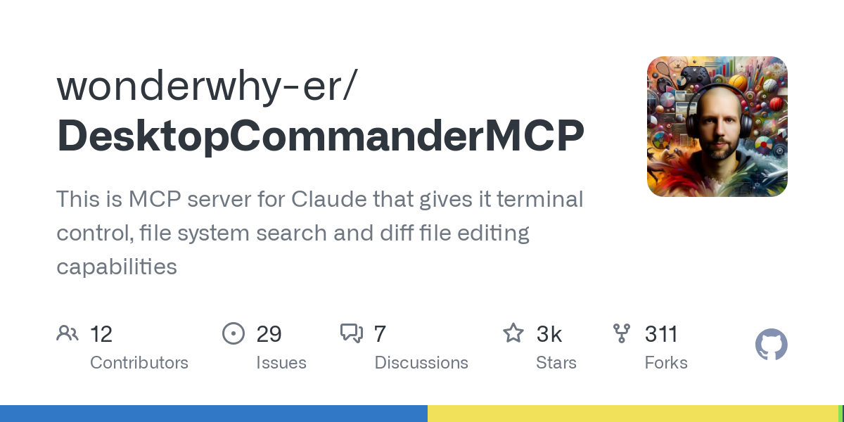 Thumbnail of GitHub - wonderwhy-er/DesktopCommanderMCP: This is MCP server for Claude that gives it terminal control, file system search and diff file editing capabilities