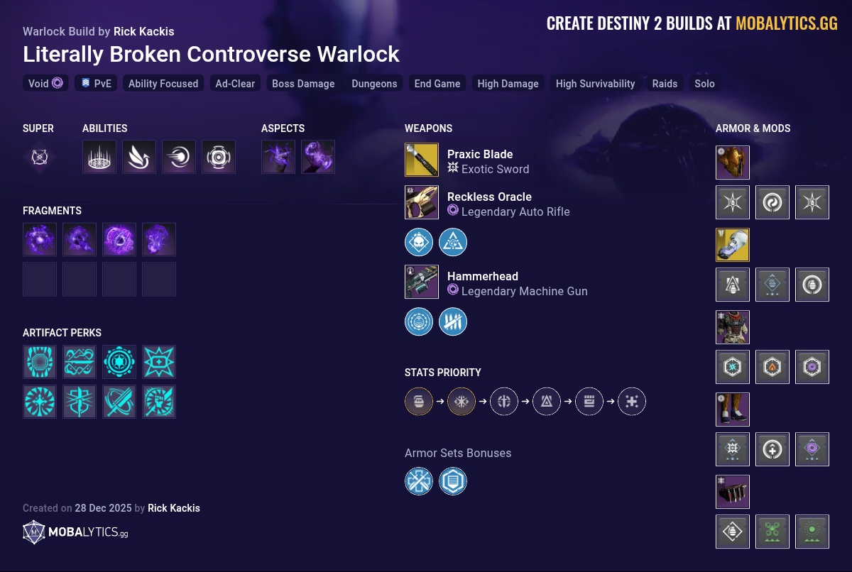 Thumbnail of Literally Broken Controverse Warlock - Destiny 2 Warlock Build for PvE - Mobalytics