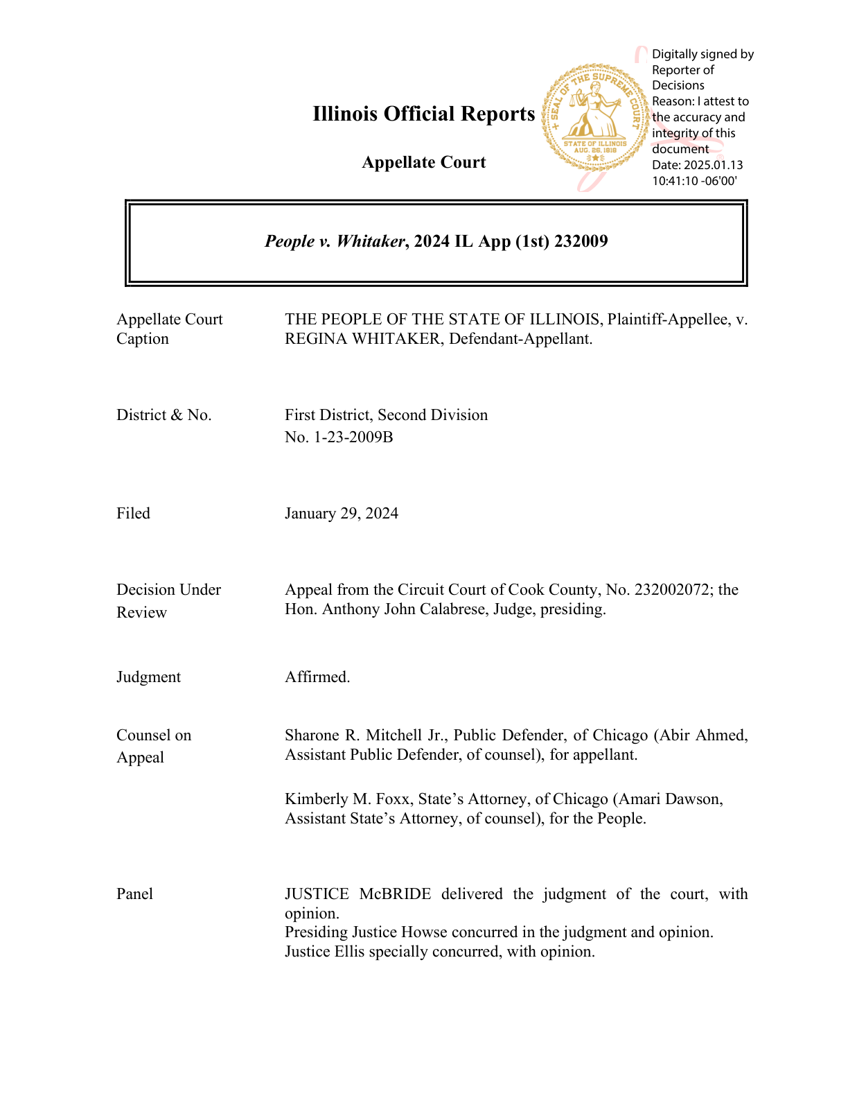 Thumbnail of The People of the State of Illinois v. Regina Whitaker