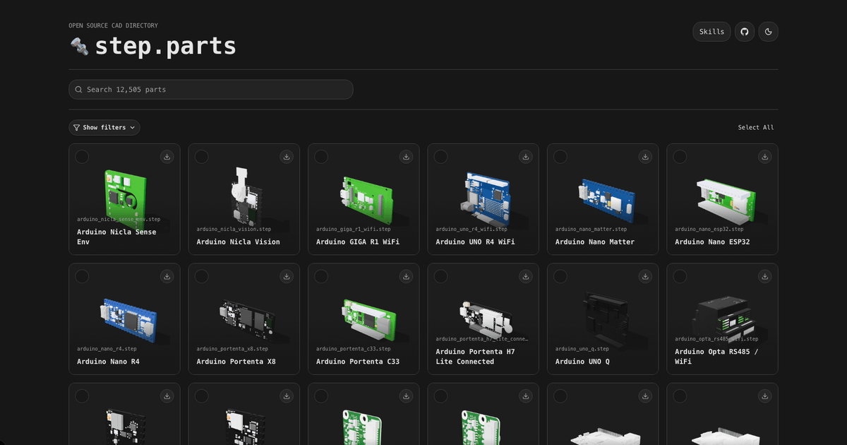 Thumbnail of step.parts | 12,000+ open source STEP parts for your next CAD project
