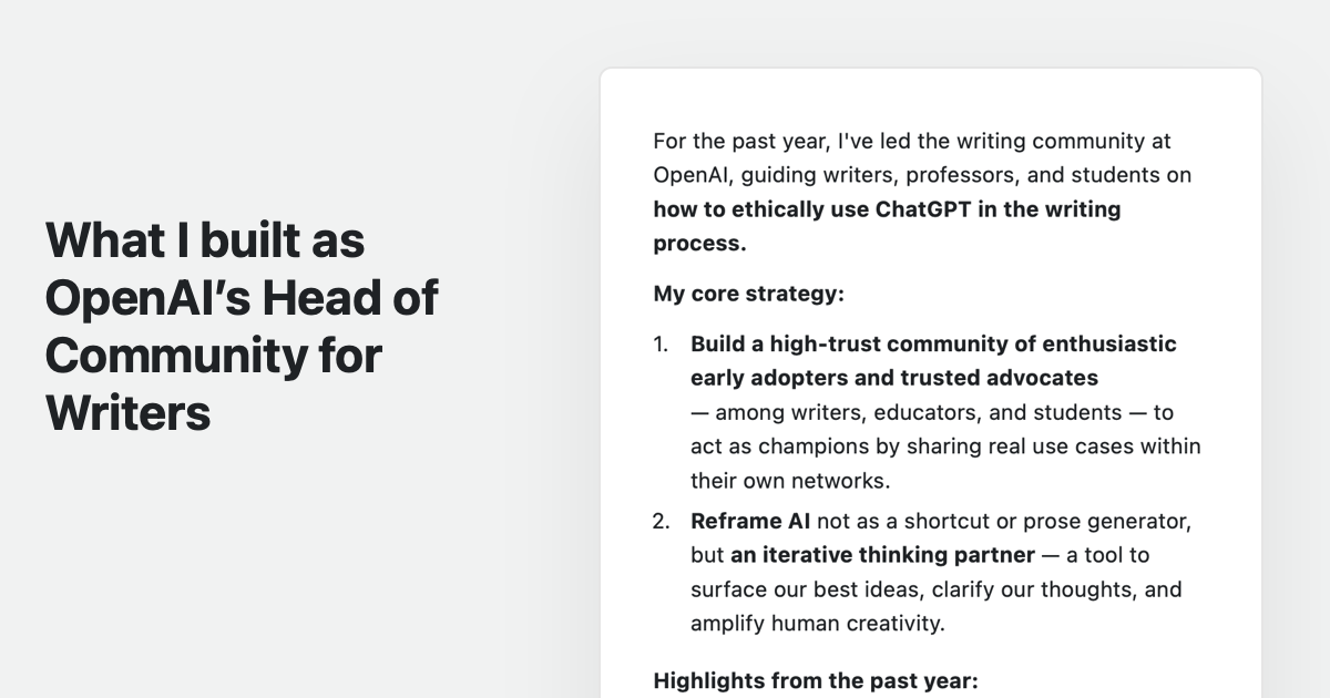 Thumbnail of What I built as OpenAI’s Head of Community for Writers