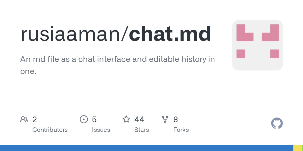 Thumbnail of GitHub - rusiaaman/chat.md: An md file as a chat interface and editable history in one.