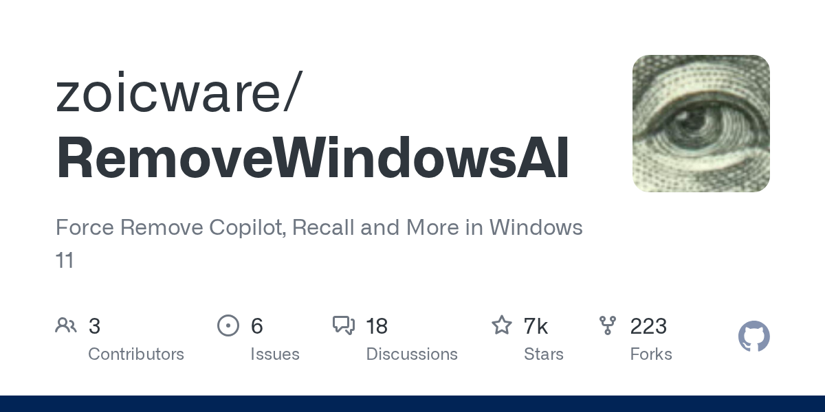 Thumbnail of GitHub - zoicware/RemoveWindowsAI: Force Remove Copilot, Recall and More in Windows 11