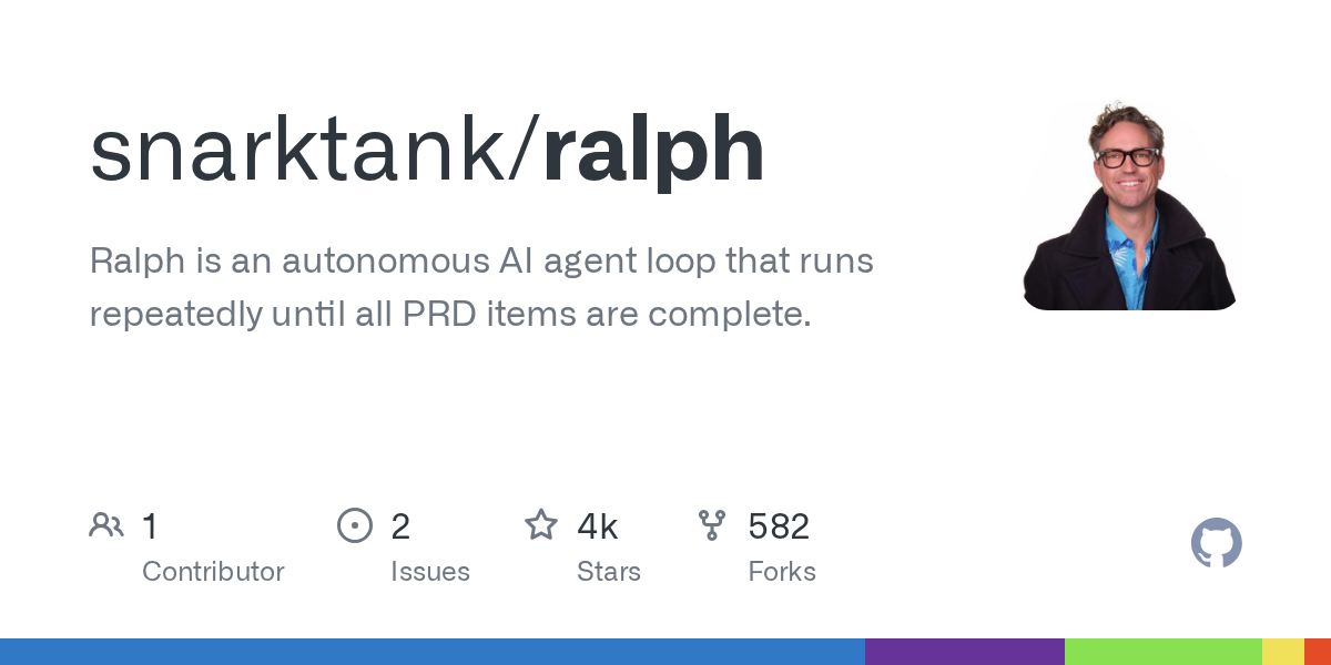 Thumbnail of GitHub - snarktank/ralph: Ralph is an autonomous AI agent loop that runs repeatedly until all PRD items are complete.