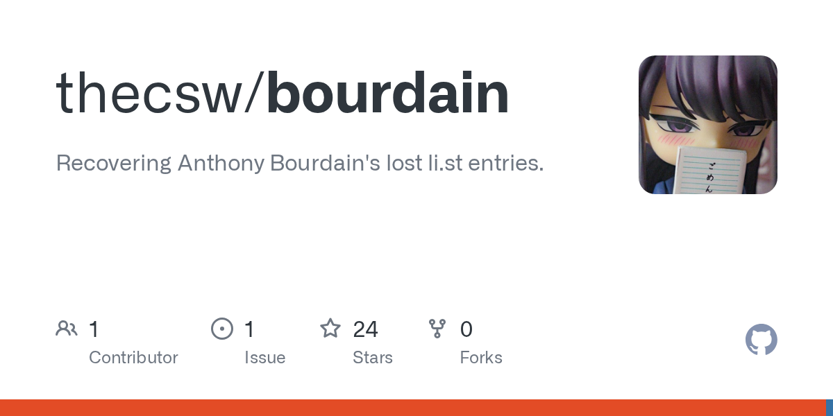 Thumbnail of GitHub - thecsw/bourdain: Recovering Anthony Bourdain's lost li.st entries.