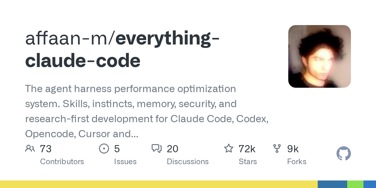 Thumbnail of GitHub - affaan-m/everything-claude-code: The agent harness performance optimization system. Skills, instincts, memory, security, and research-first development for Claude Code, Codex, Opencode, Cursor and beyond.