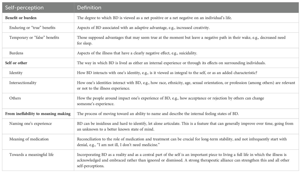 Thumbnail of Frontiers | On being and having: a qualitative study of self-perceptions in bipolar disorder