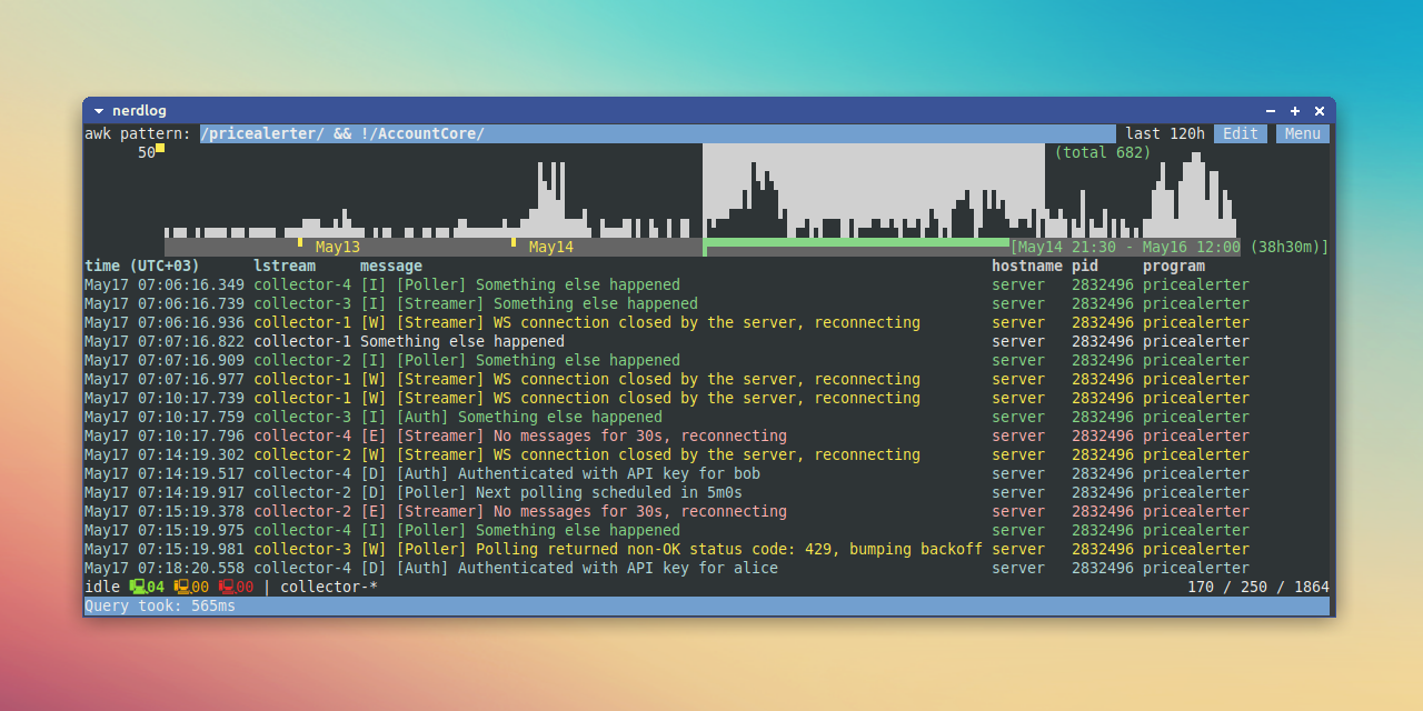 Thumbnail of GitHub - dimonomid/nerdlog: Nerdlog: fast, remote-first, multi-host TUI log viewer with timeline histogram and no central server