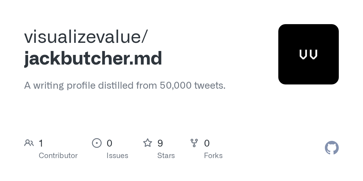 Thumbnail of GitHub - visualizevalue/jackbutcher.md: A writing profile distilled from 50,000 tweets.