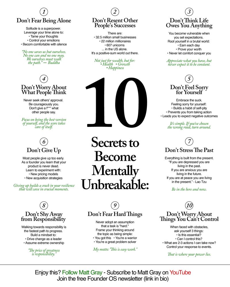 Thumbnail of 10 secrets to become mentally unbreakable: 1. Don't Fear Being Alone Solitude is a superpower. Leverage your time alone to: • Tame your thoughts • Control your emotions • Becom...
