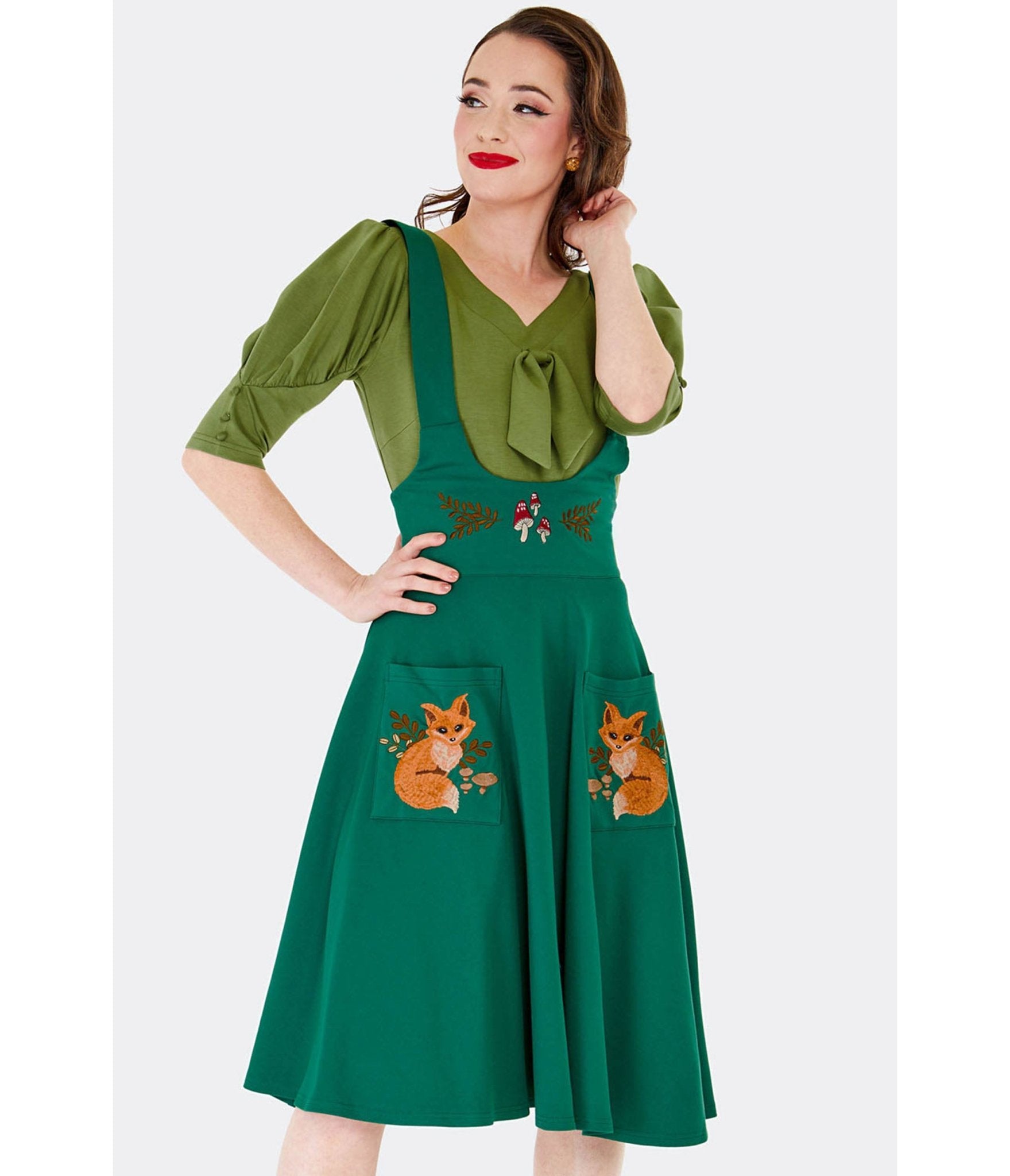 Thumbnail of Voodoo Vixen Green Forest Fox Suspender Swing Skirt – Unique Vintage