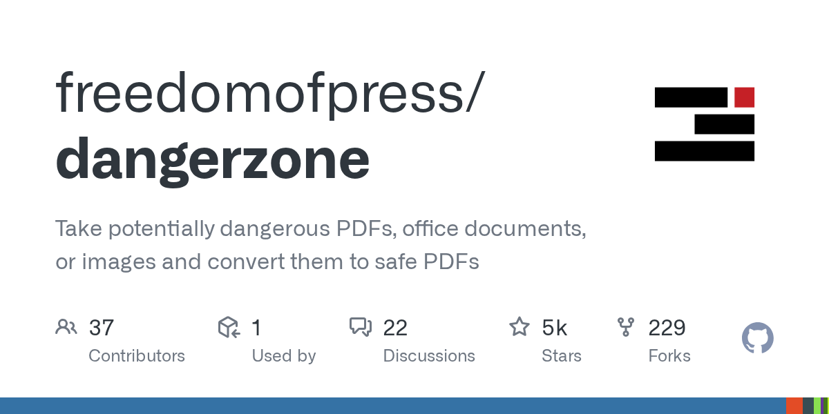 Thumbnail of GitHub - freedomofpress/dangerzone: Take potentially dangerous PDFs, office documents, or images and convert them to safe PDFs