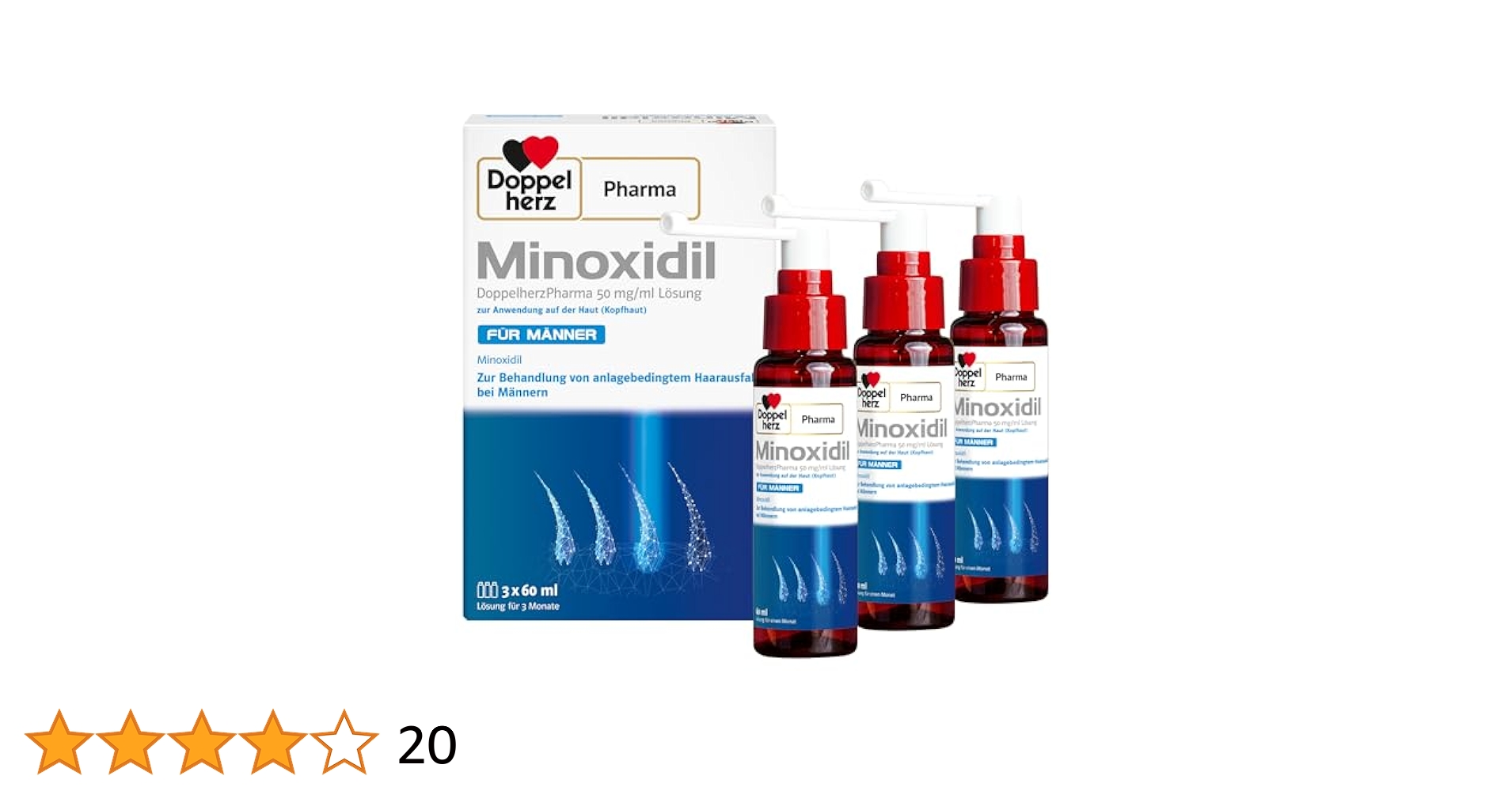 Thumbnail of Minoxidil DoppelherzPharma 50mg/ml (5%) Lösung zur Anwendung auf der Haut (Kopfhaut) – Arzneimittel zur Behandlung von anlagebedingtem Haarausfall bei Männern (2x3x 60ml)