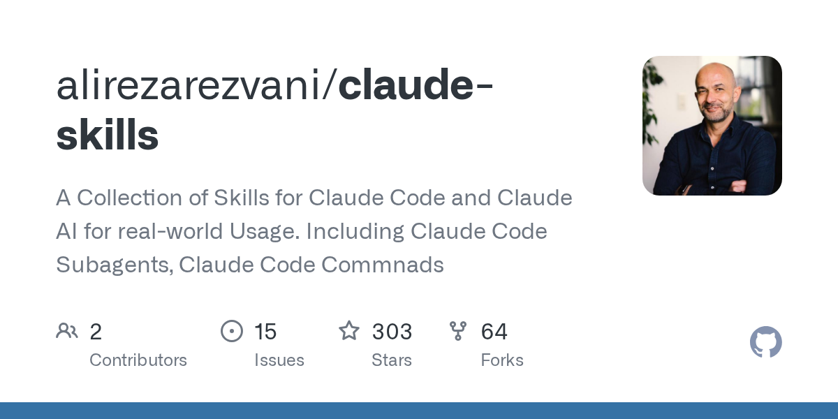 Thumbnail of GitHub - alirezarezvani/claude-skills: A Collection of Skills for Claude Code and Claude AI for real-world Usage. Including Claude Code Subagents, Claude Code Commnads