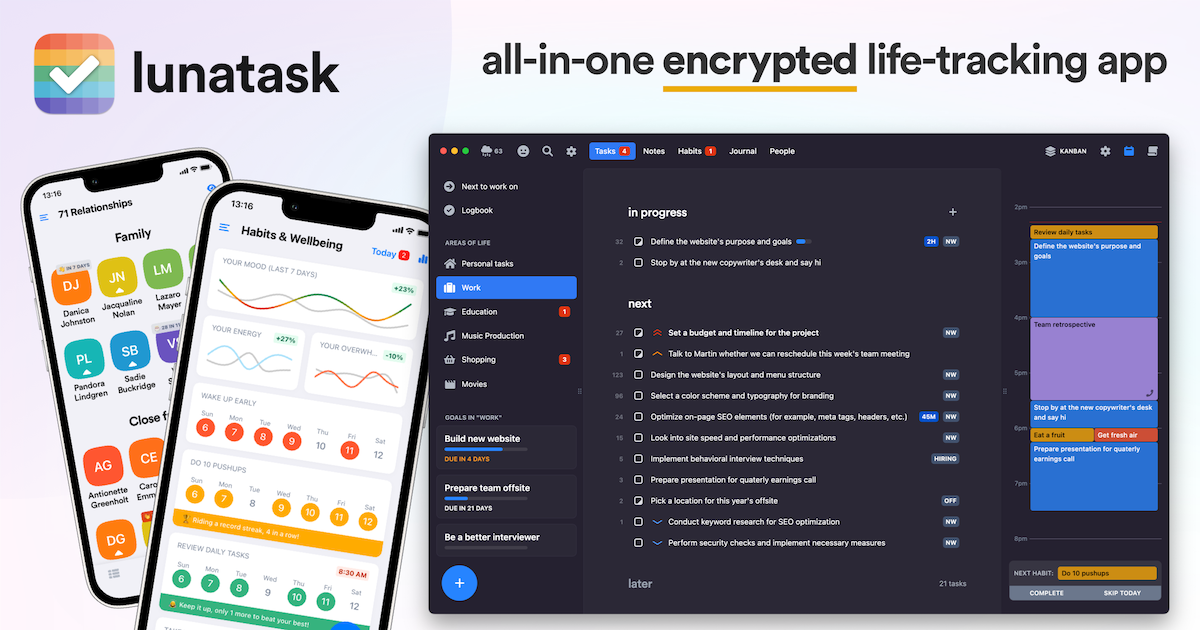 Thumbnail of Encrypted to-do list, life-tracking, journaling and notes app | Lunatask